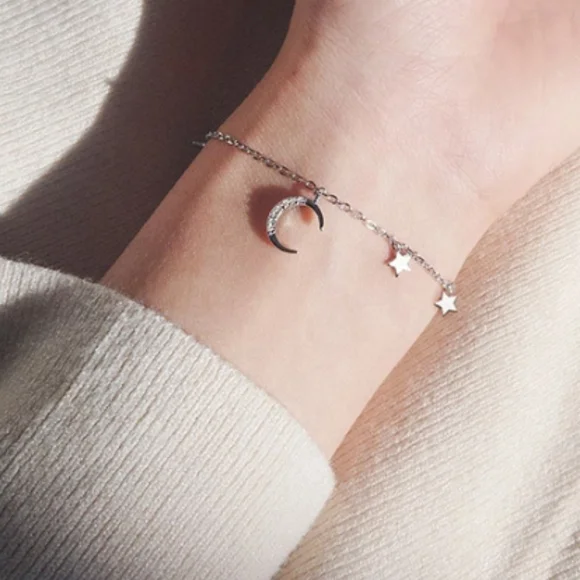 S925 sterling silver crescent moon stars bracelet - Picture 1 of 8